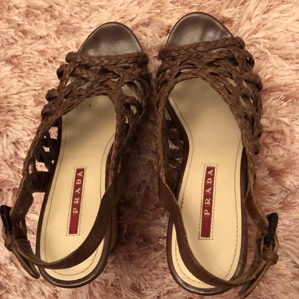 Prada brown cork wedge sandals size 5.5